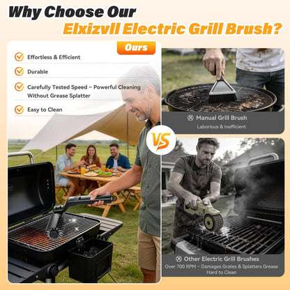 Electric Grill Brush for Outdoor Grill - Cordless Rechargeable Grill Cleaner with 180-Min Runtime, 3 Speeds, 545°F Heat Resistant, 180° Adjustable Angle, 2-In-1 Heavy-Duty BBQ Cleaning Kit