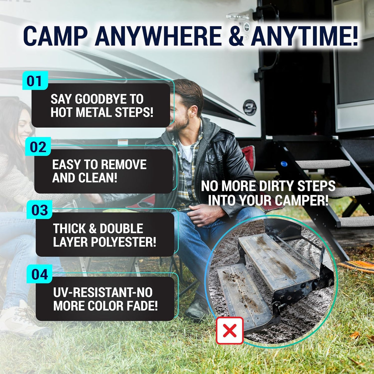 RV Step Covers 3 Pack | 23-Inch Wide Camper Step Covers Fit 8-11" Deep Stairs | Gray RV Stair Covers | Straight RV Step Carpet | Keep Your RV Cleaner with Our RV Stair Carpet!