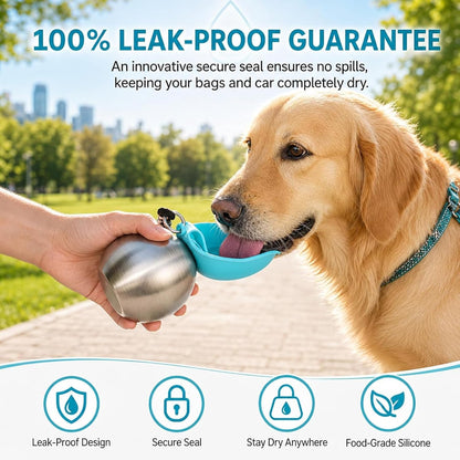 2 in 1 Portable Tumbler for Dogs, Portable Dog Water Ball, 10Oz Stainless Steel Pet Water Dispenser with Silicone Foldable Bowl, Leak Proof, Portable Small Dog Water Bottle for Walking, Hiking(Pink)