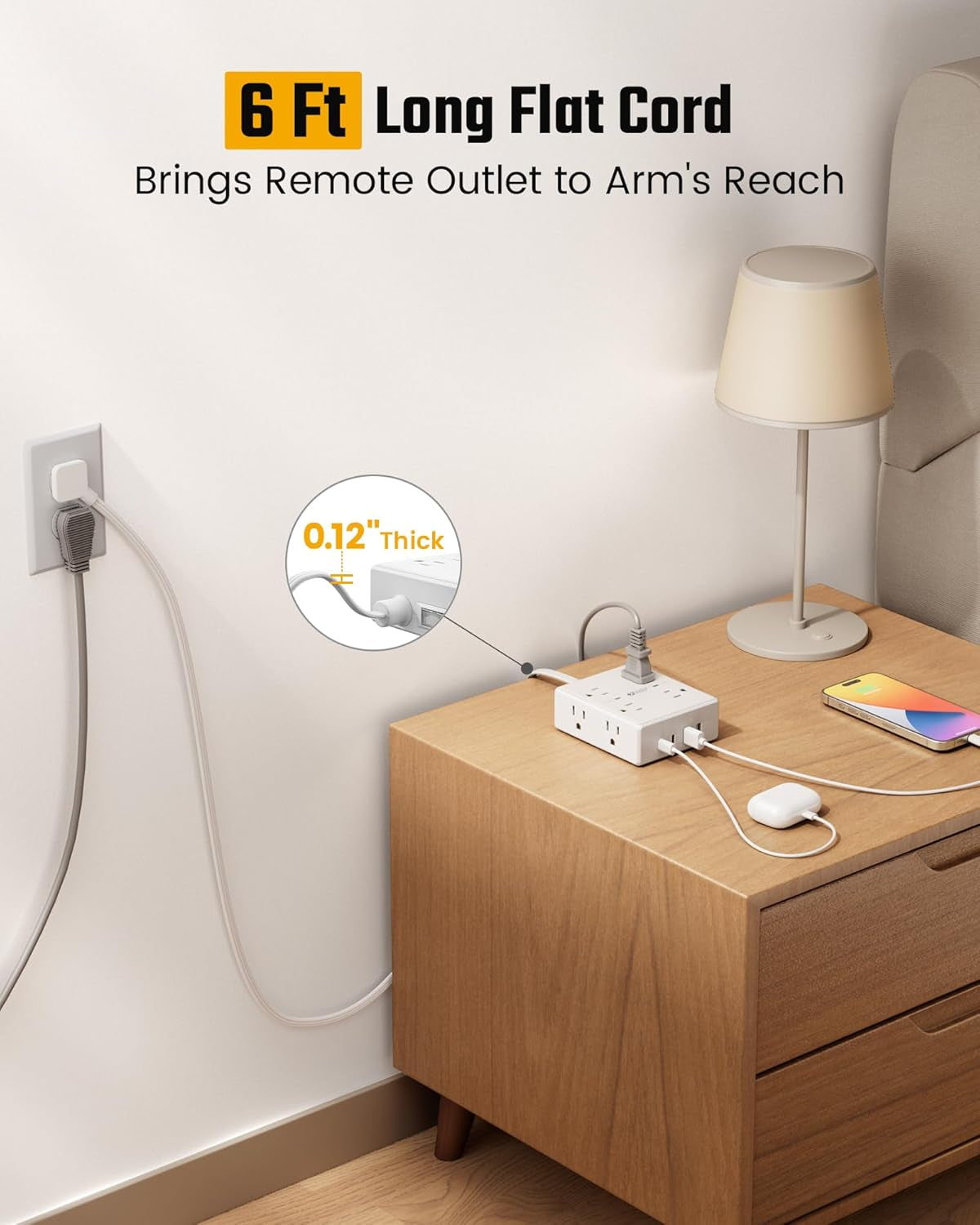 Extension Cord,Flat Plug Surge Protector Power Strip,6Ft