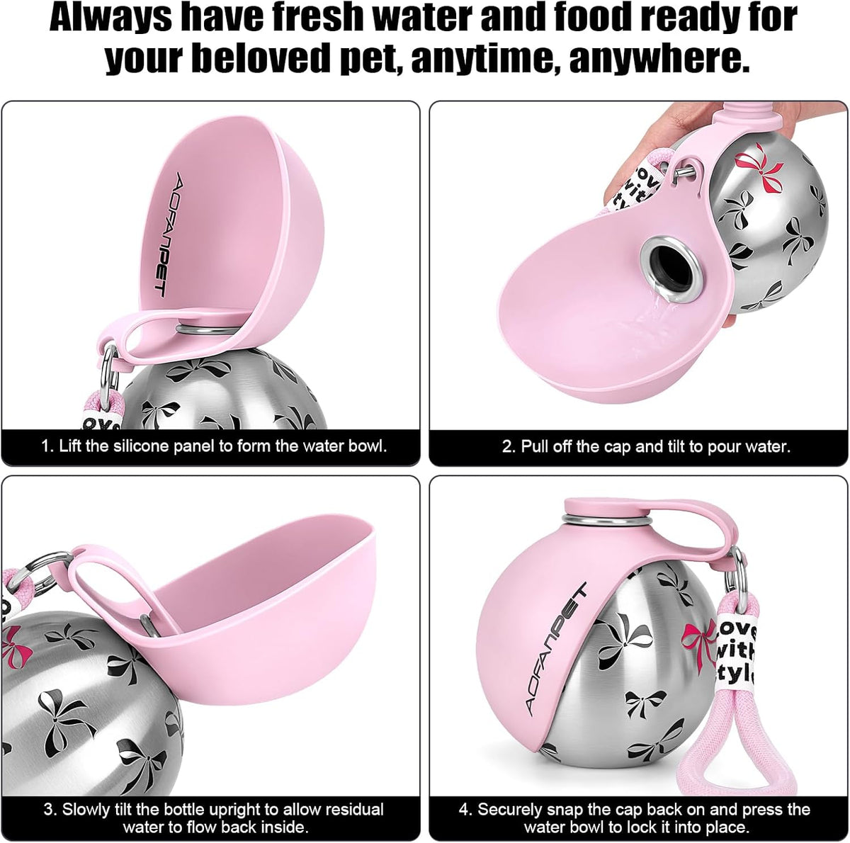 Portable Dog Water Bottle 10Oz Stainless Steel Travel Bowl
