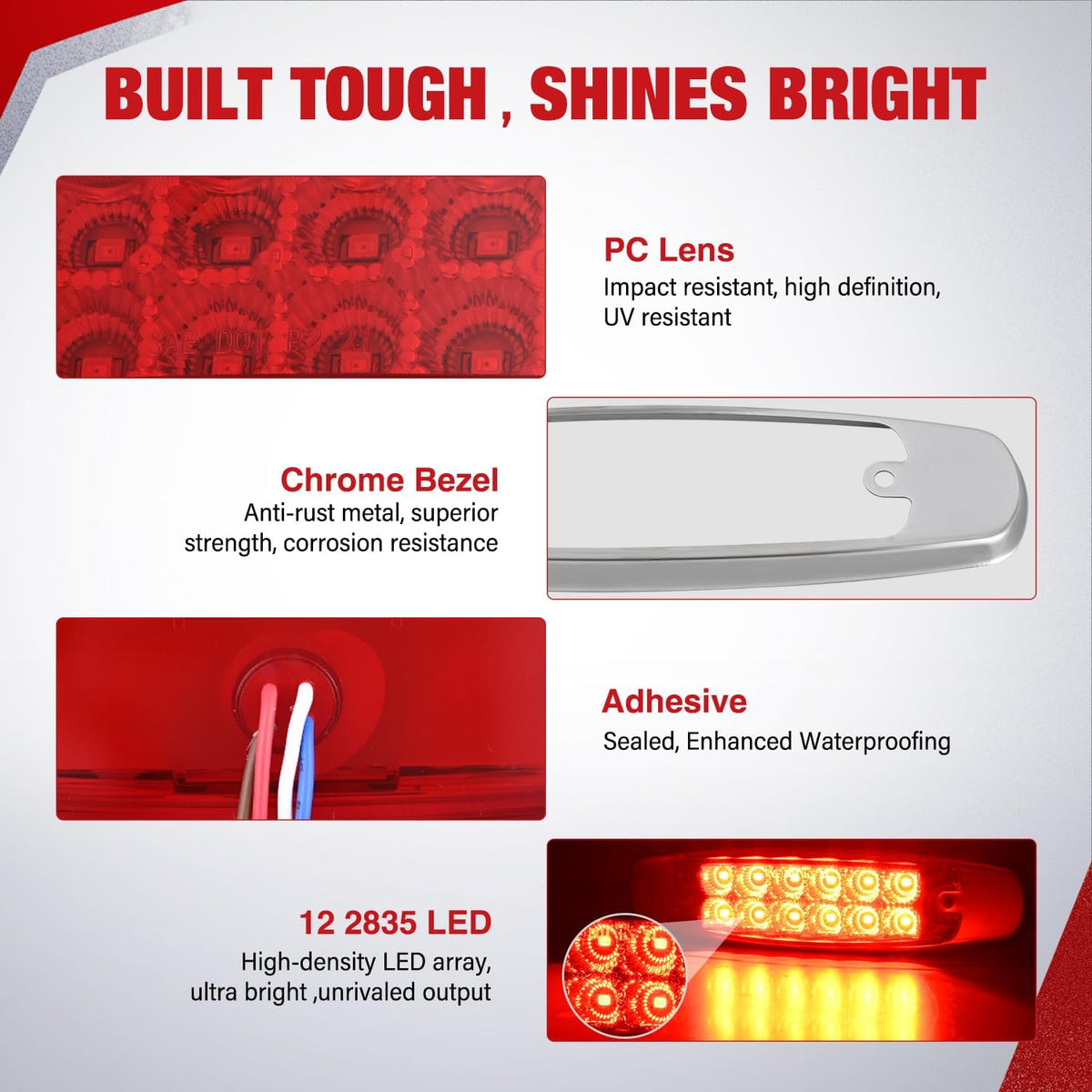 6.3" Red Rectangle Side Marker Light with High Low Strobe