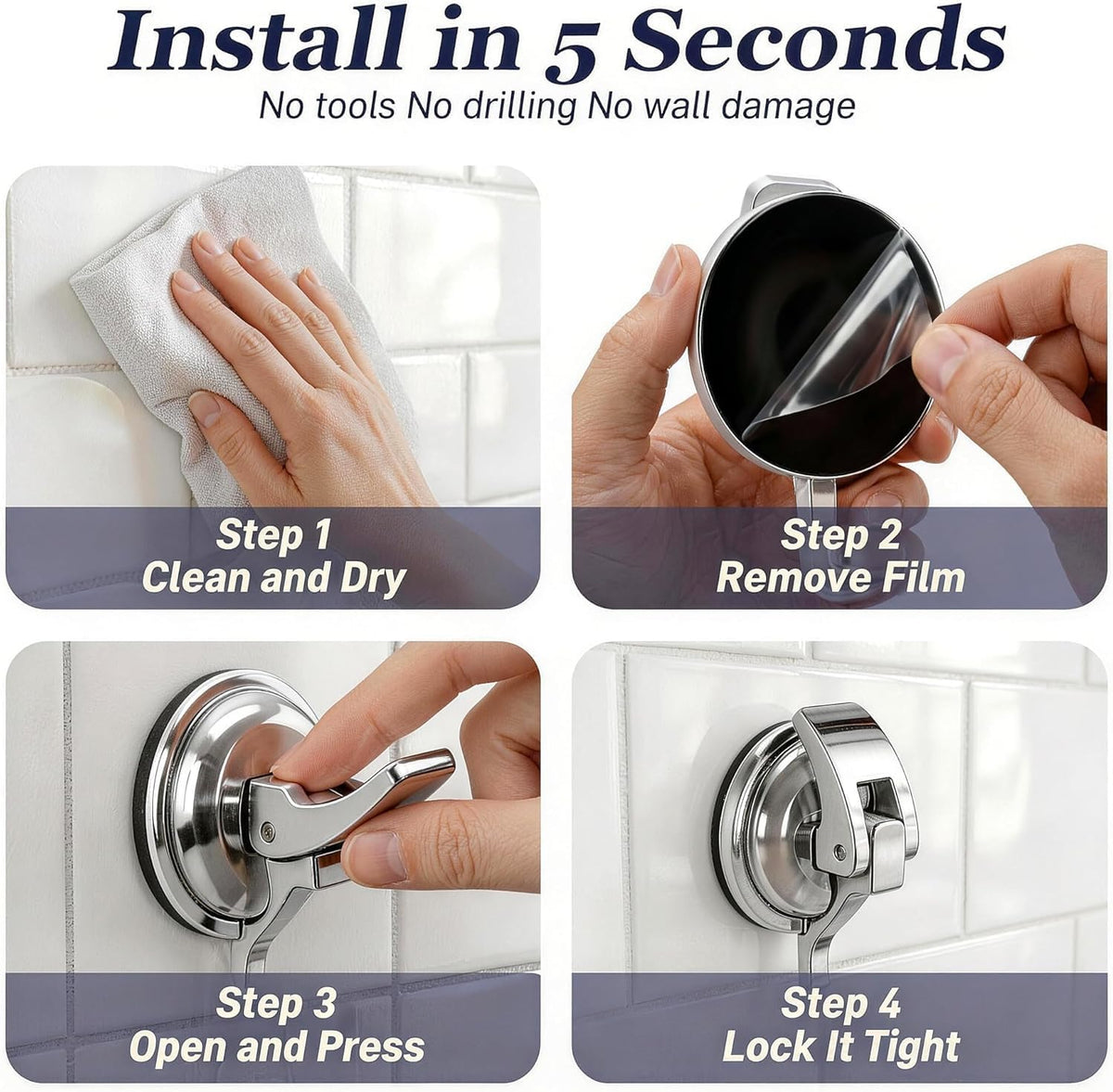 Heavy Duty Suction Cup Hooks Waterproof Wreath Hanger 2 Pack Silver