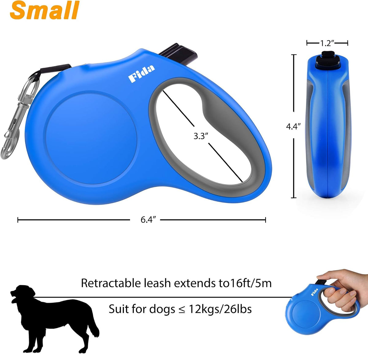 Retractable Dog Leash with Dispenser and Poop Bags, 16 Ft, Blue