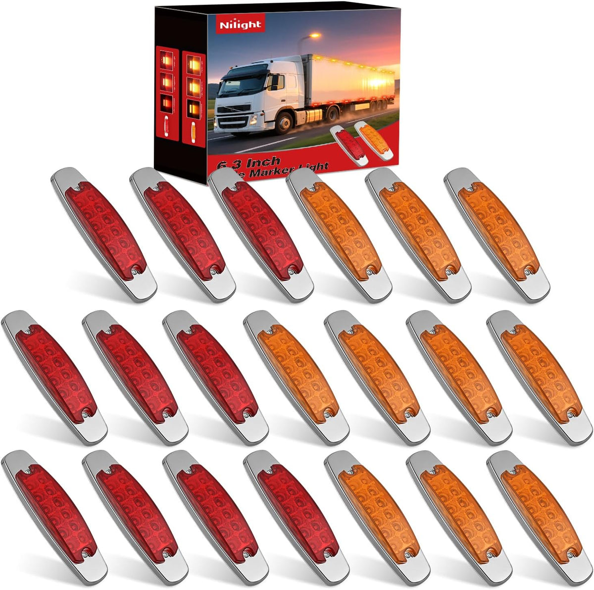 6.3" Amber Red Rectangle Side Marker Light with High Low Strobe