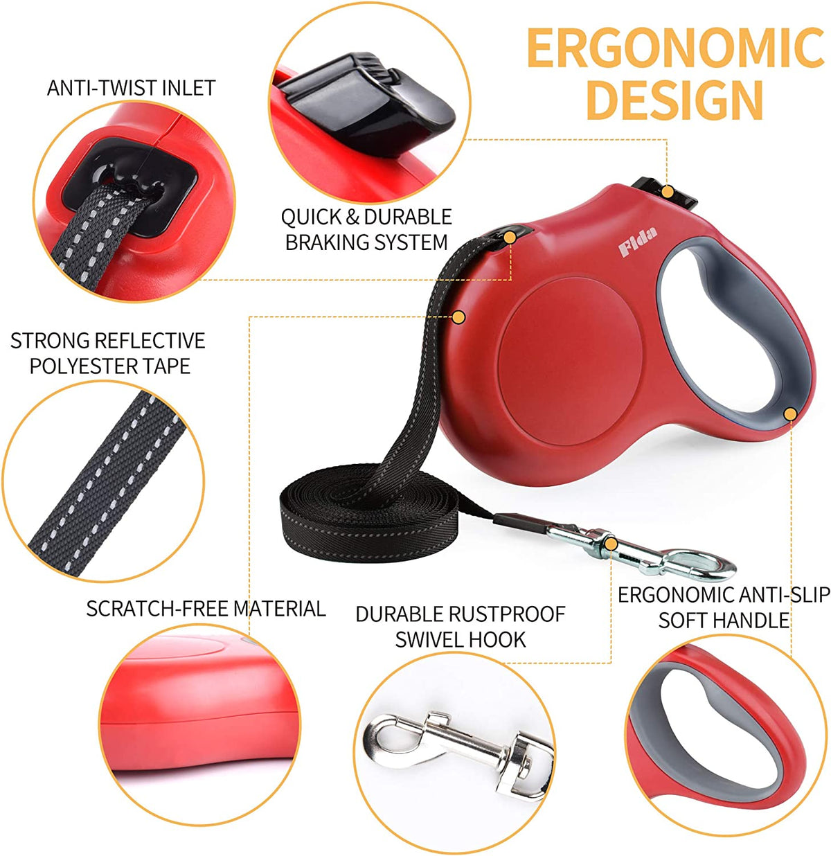 Retractable Dog Leash with Dispenser and Poop Bags, 16 Ft, Red