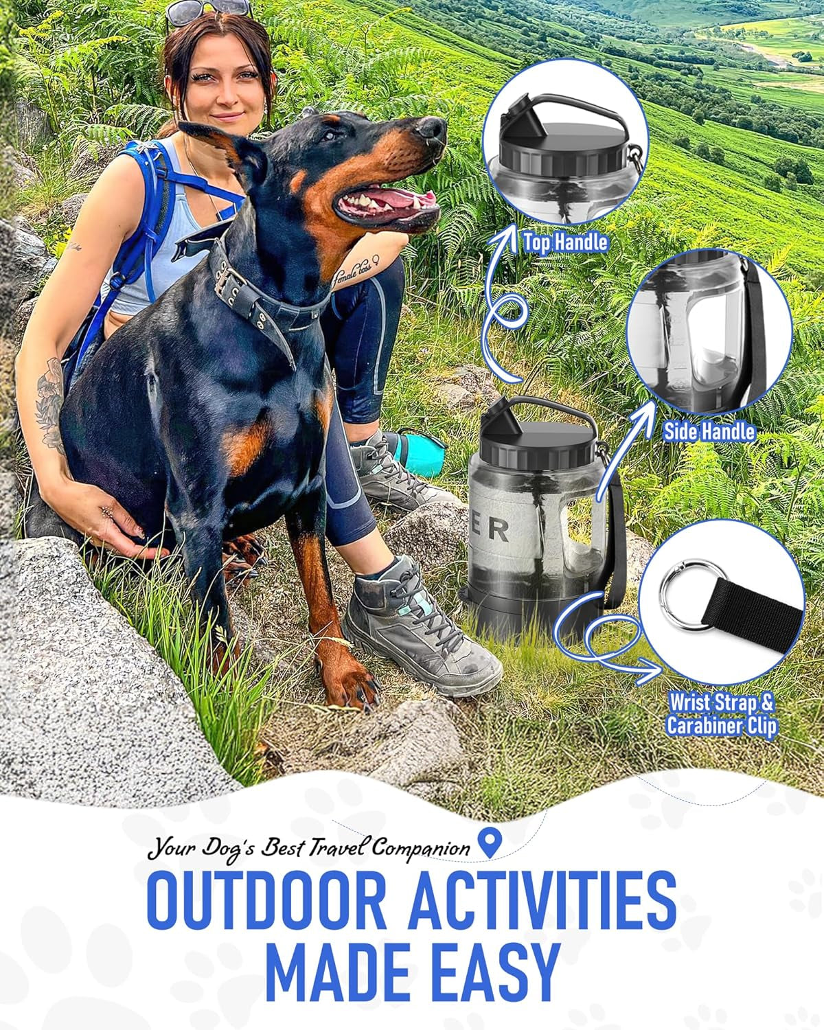 Dog Water Bottle Travel Bowl, 77Oz Large Portable Dog Water Bowl Dispenser, Leakproof Pet Drinking Bottle Dispenser for Hiking Camping Walking Travelling Beach Car Trips, BPA Free, Black