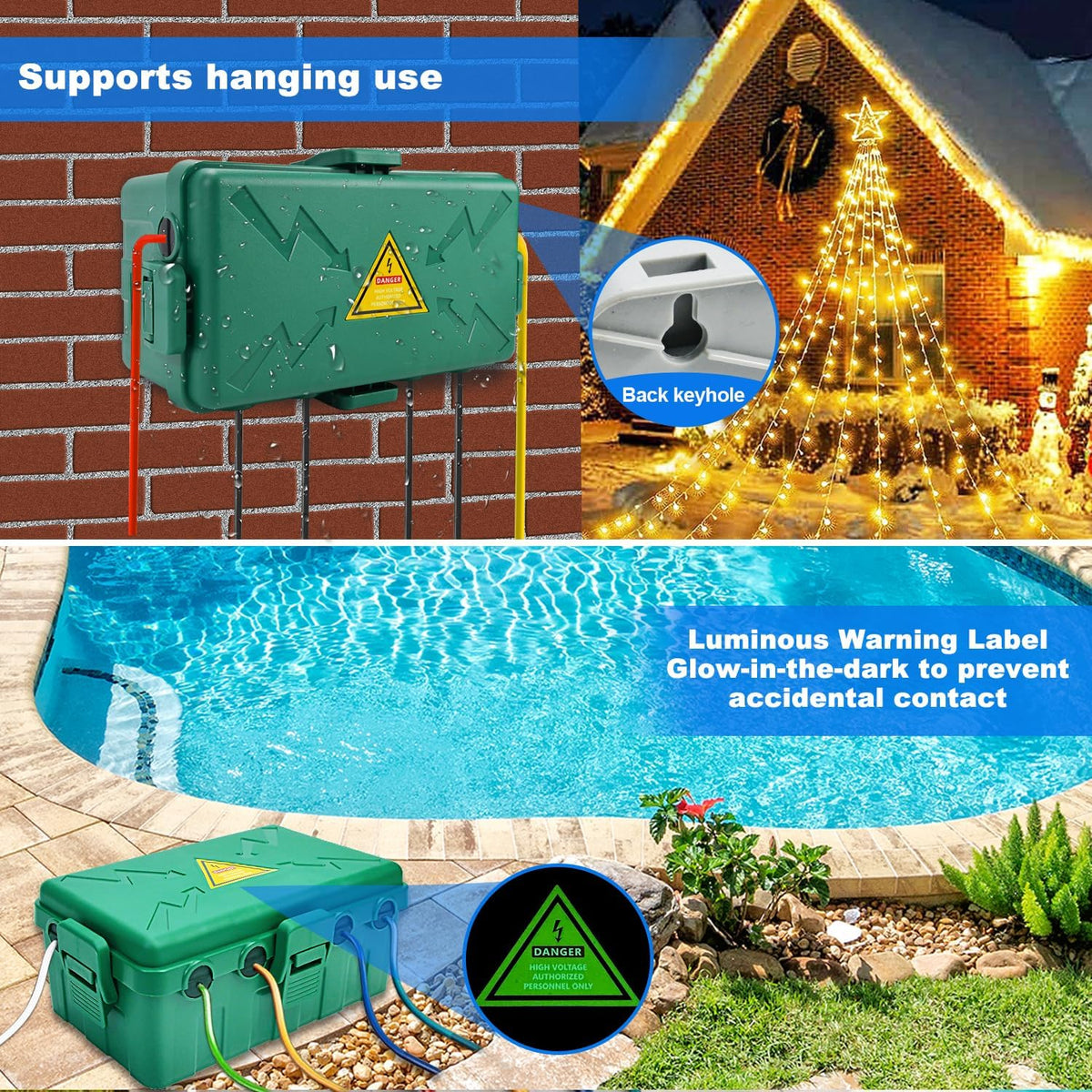 Medium Outdoor Electrical Box(10.6X5.7X4.9Inch),Weatherproof Connection Box W/6 Cable Entry,Ip54 Waterproof Extension Cord Cover Protect Power Strip,Timer,Plug,Holiday Lights,Green