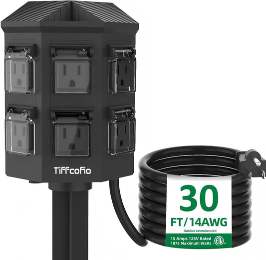 Outdoor Power Strip with Stake, 30 FT Extension Cord Waterproof, 6 Grounded Outlets for Outdoor Lights, 14 AWG, 15A/1875W, ETL Listed